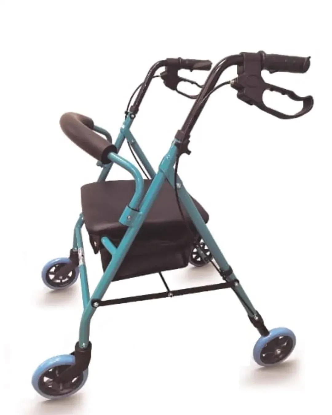 Andador rollator azul de cuatro ruedas con asiento y frenos